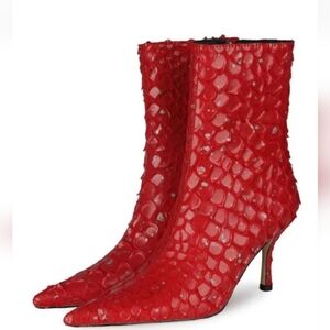 Fiery Red Fishscale Design Kitten Heel Pointed Toe Red Ankle Boots Size 5